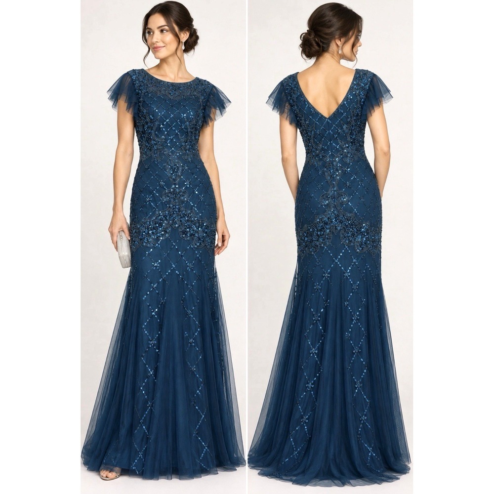 NEW! Adrianna Papell Sequin Beaded Mesh Gown Dress Flutter Sleeve Blue SZ 8